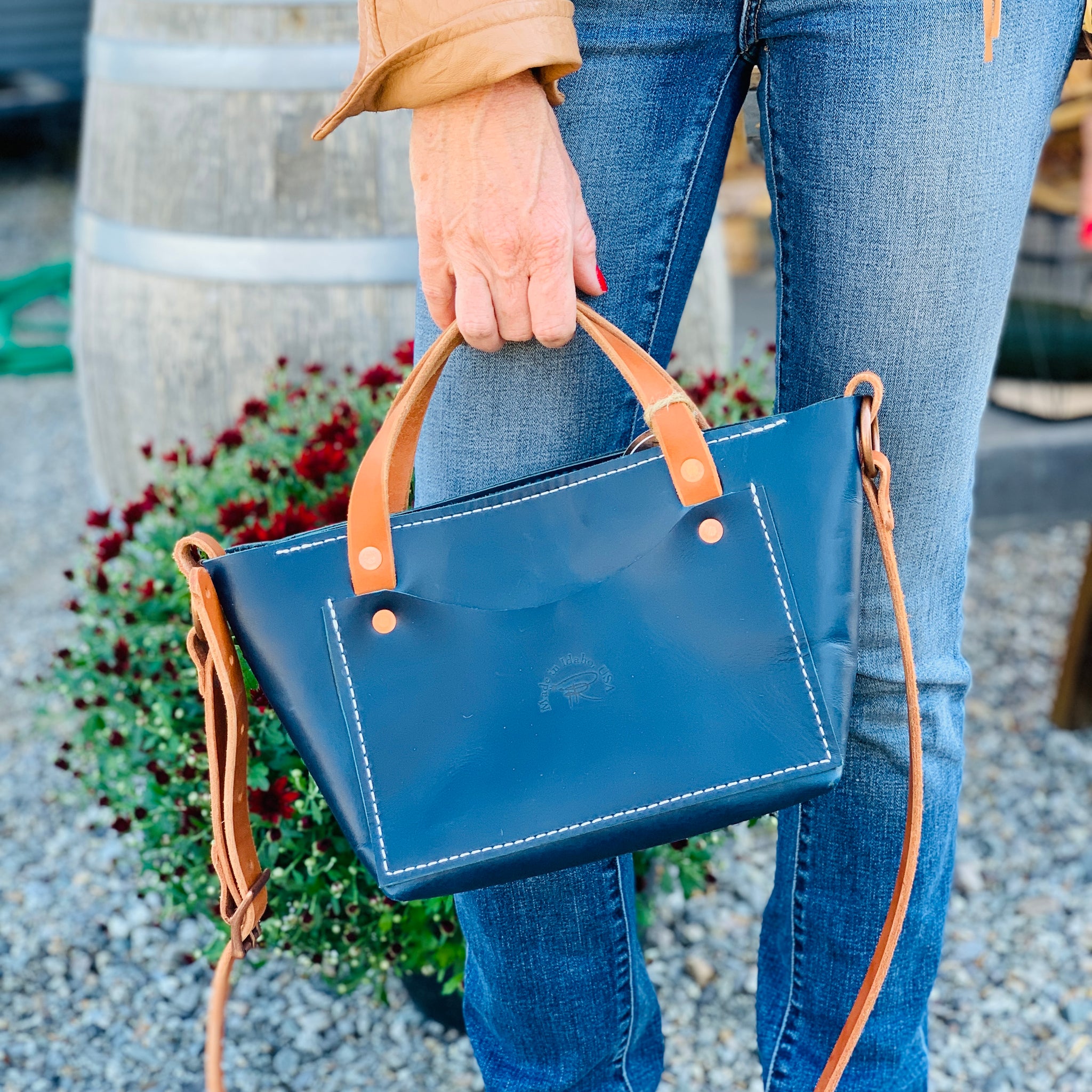 blue purse handbag handcrafted leather goods shopping retail boutique idaho gift shop