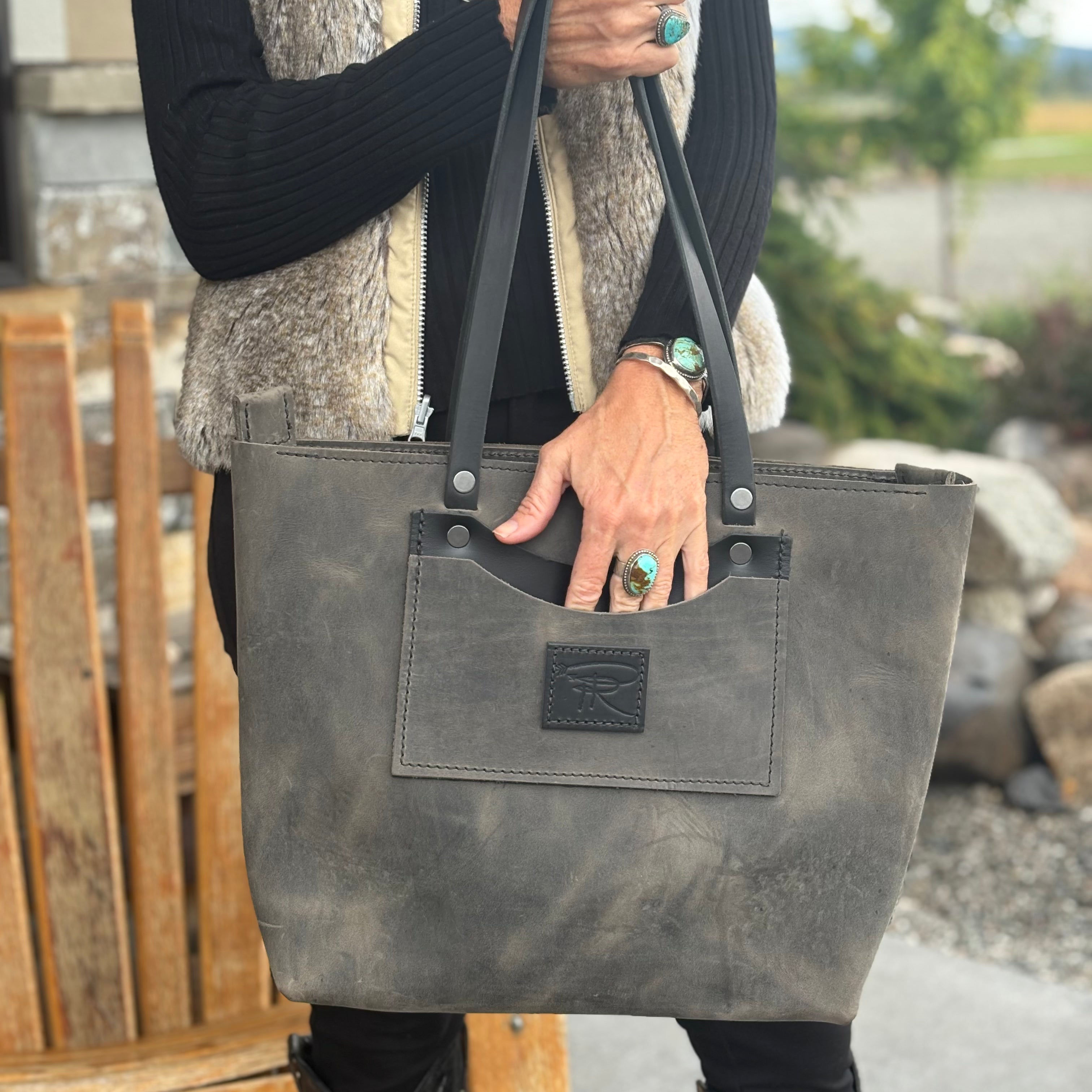 Smokey Grey Leather Tote Bag -Purse
