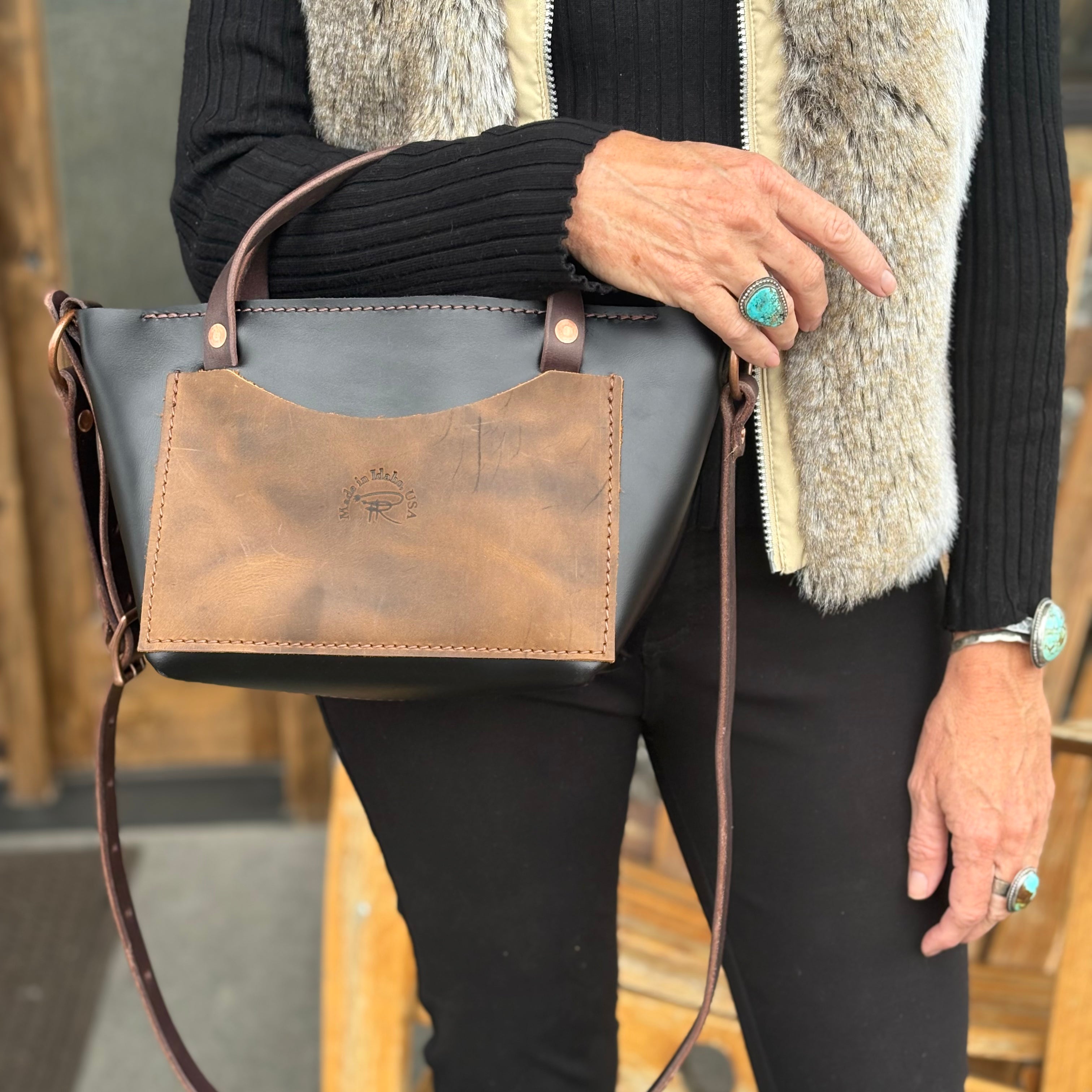 black leather handbag, crossbody purse