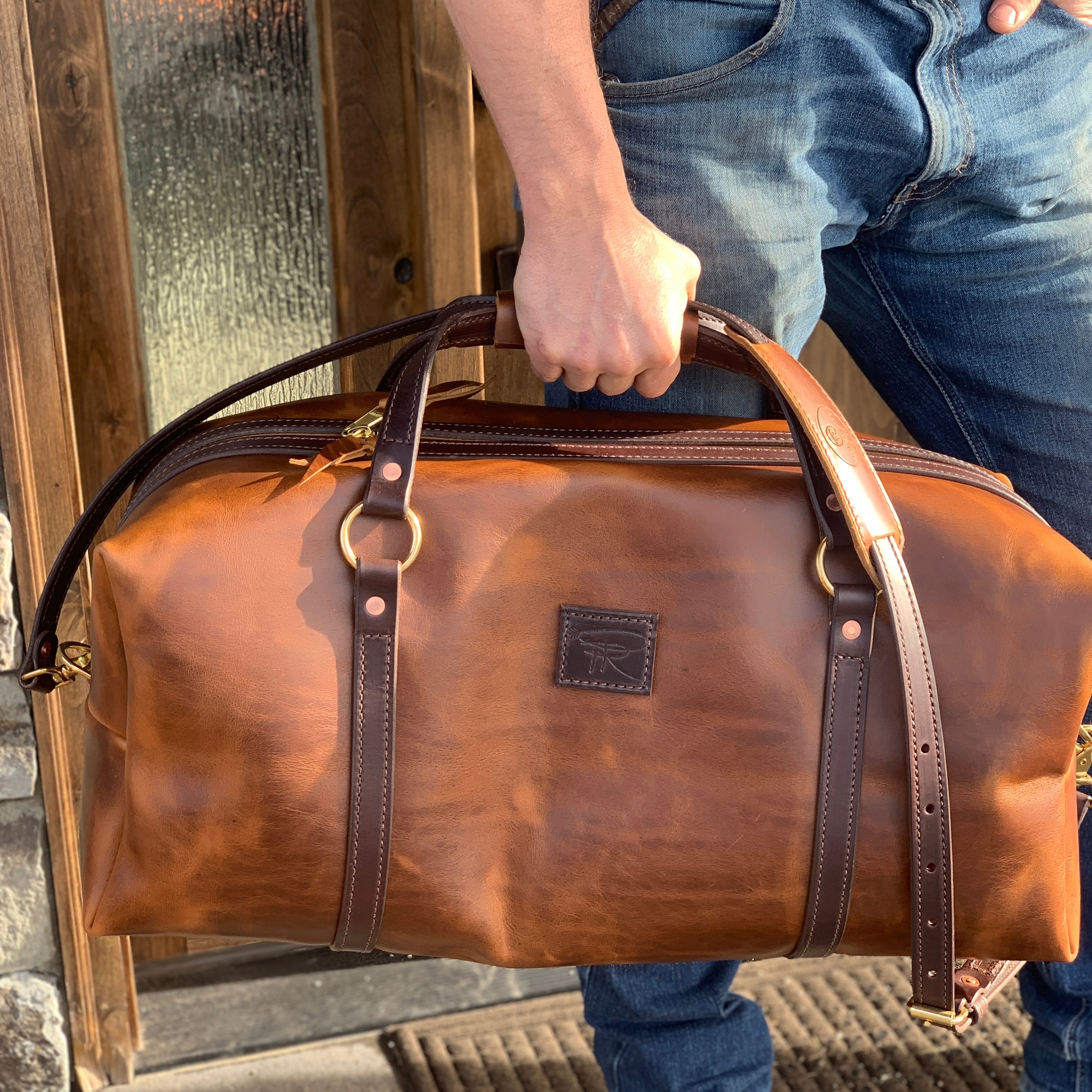 duffel bag handbags travel business bag business man handcrafted coeur d'alene idaho fly fishing gear western gear  cowboy store leather goods workshop repair shop