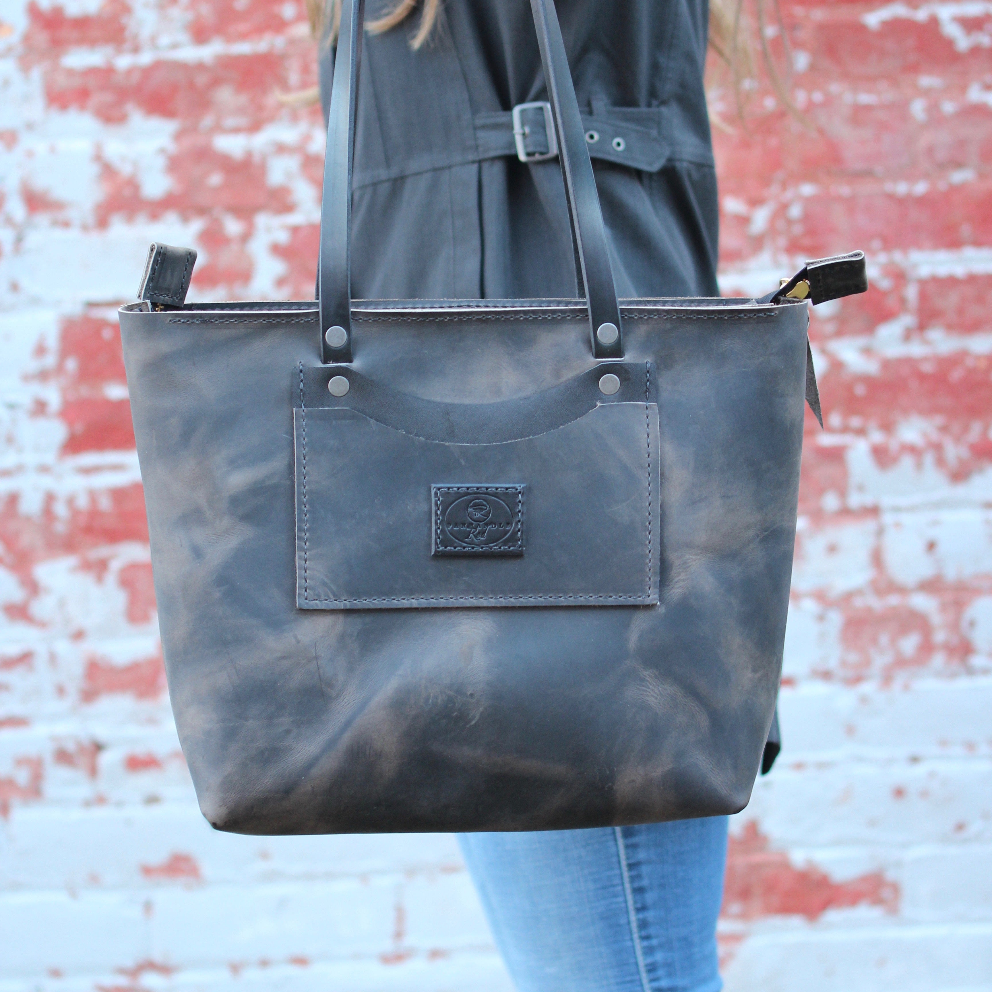 Grey Leather Tote Bag with a zipper, grey leather tote bag, Panhandle Red Company Leather Goods, Handbags, Totes, Purses, Everyday Carry Needs, and more. Full-grain leather items, custom gifts, handcrafted gifts, leather products